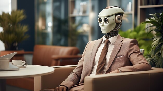 Photo a robot waiting in a modern office for a job interview generative ai