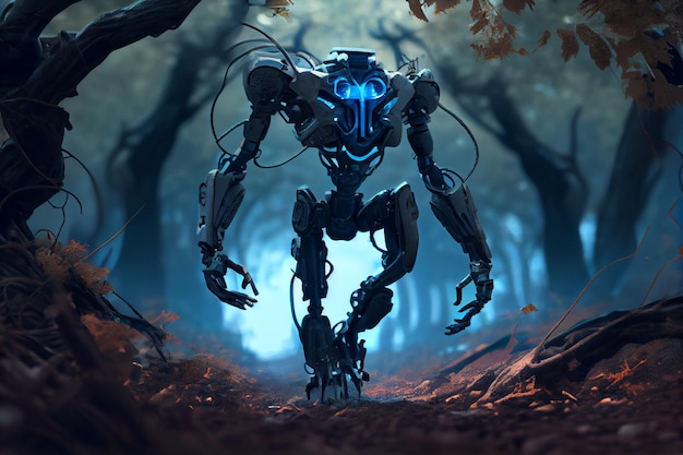 The robot walks through a dark forest with roots and dirt AI generated