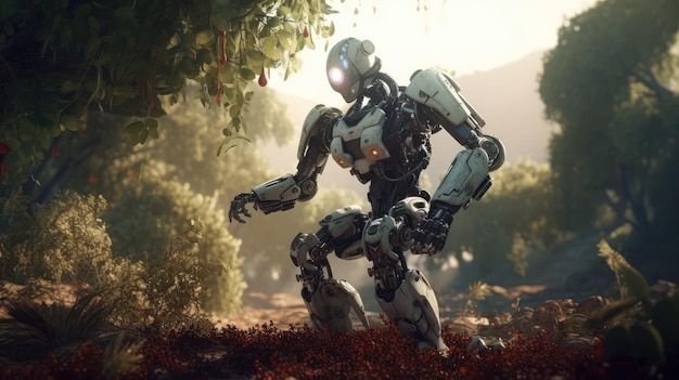 A robot walks through a forest with a tree in the background.