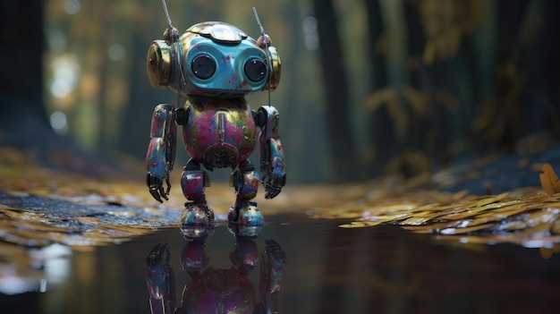 A robot walks through a forest with the word robot on the front.