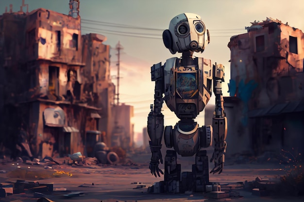 Робот ходит по разрушенному городу, сгенерированному искусственным интеллектом