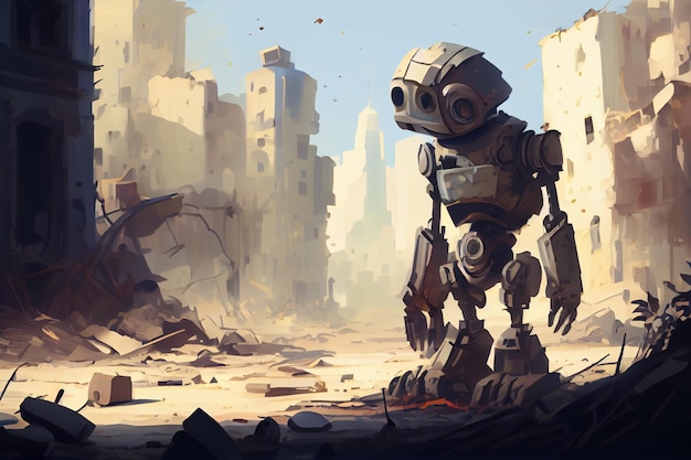 Робот прогуливается по разрушенному городу, созданному искусственным интеллектом.