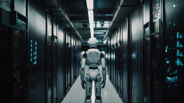 A robot walks through a server room