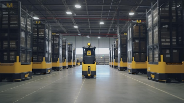 A robot in a warehouse with a yellow box that says'robot '