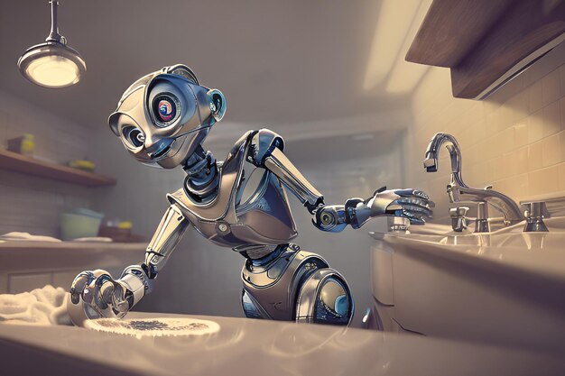 A robot washing dishes in a kitchen sink.