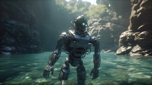 A robot in a water with the word robot on it