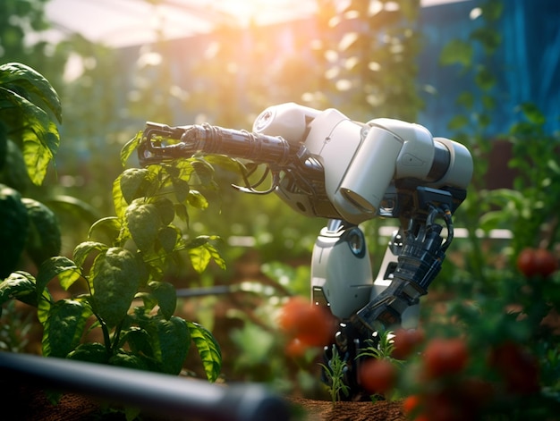 Robot watering the vegetable garden Modern digital technologies robots with intelligence