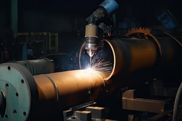 Robot welding metal pipe together in factory created with generative ai