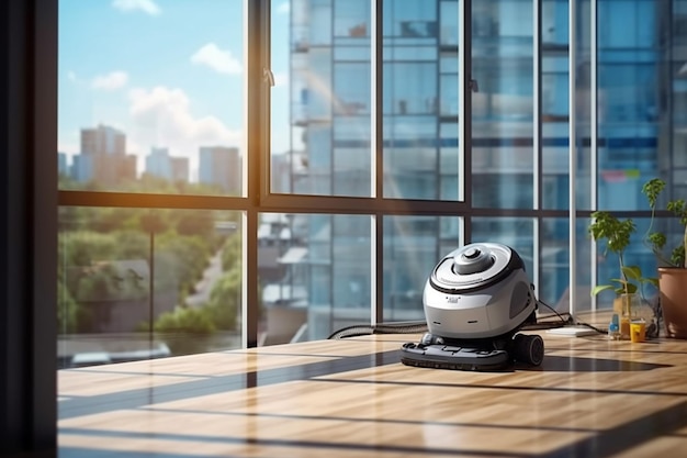 A robot window cleaner Robot vacuum cleaner cleans a dirty window Smart robots for cleaning windows an assistant for the house The concept of cleaning and polishing windows Generative AI