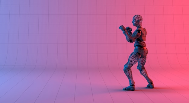 Robot wireframe guard stance on gradient red violet background