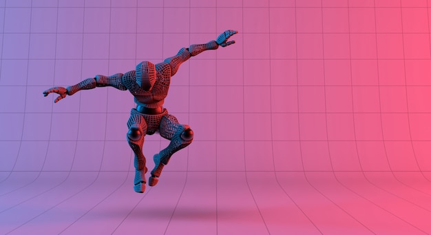 Robot wireframe jump on gradient red violet background