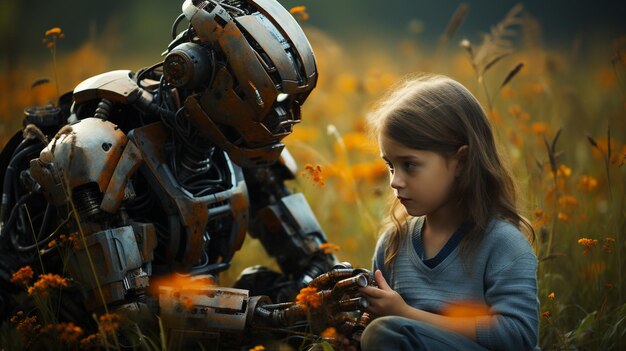 写真 畑で小さな女の子とロボット