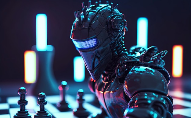 Robot with artificial intelligence is playing chess at the table Concept of future technologies