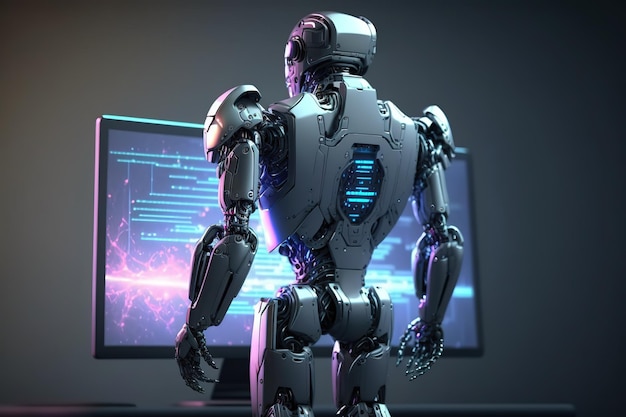 인공 지능을 갖춘 로봇이 뒤에 서 있습니다미래의 현대 일러스트레이션 혁신적인 기술 생성 ai