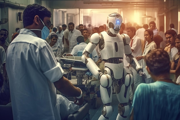 A robot with artificial intelligence works in a hospital