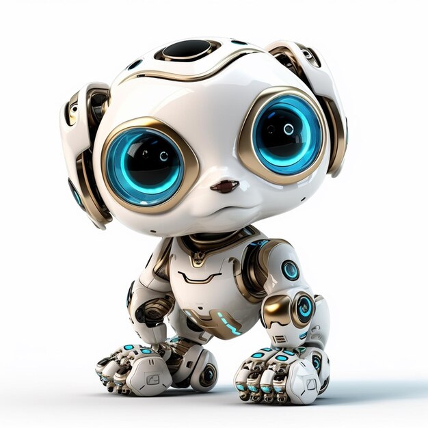 A robot with big blue eyes is sitting on a white surface