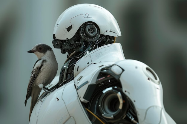 肩に鳥が止まったロボット 機械と自然の調和が楽しい画像 AIが生成したロボットの肩に鳥が止まった