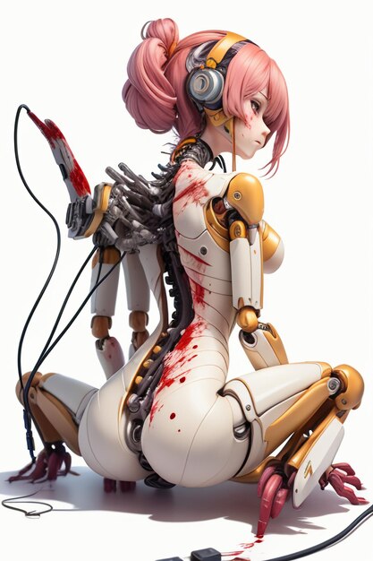 A robot with a bloody knife in her hand sits on a white background.