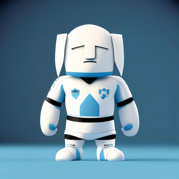 a robot with a blue and black harness and a blue and white robot on the blue background.