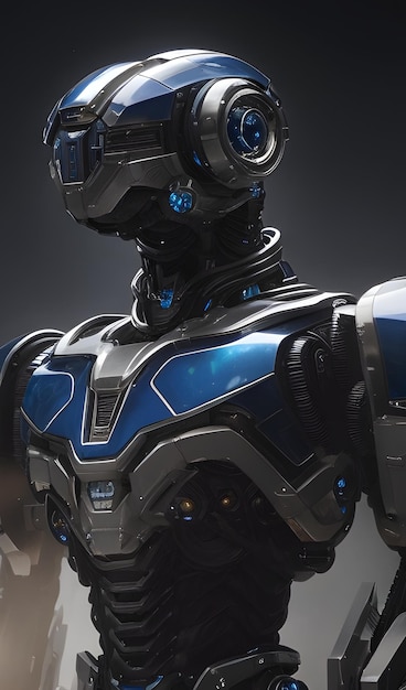 A robot with a blue chest and a silver face