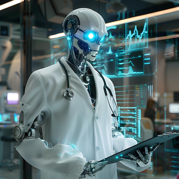 Photo a robot with a blue eye mask and a white coat