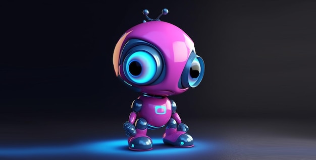 A robot with a blue eye sits in a dark room.