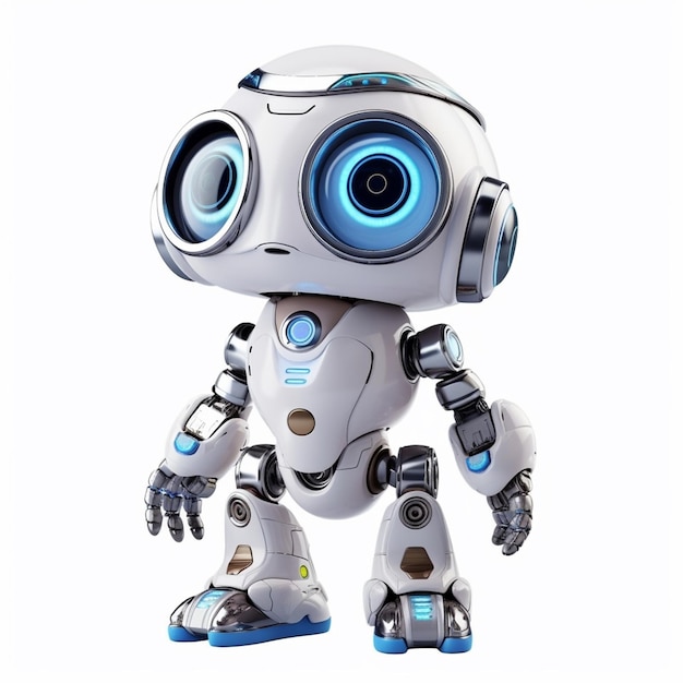 A robot with a blue eye and a white background.