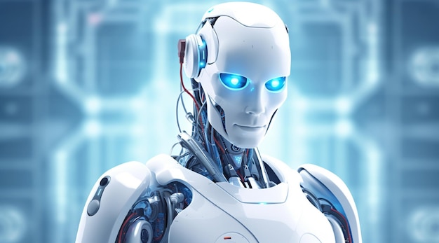 A robot with blue eyes and blue eyes is looking at the camera.