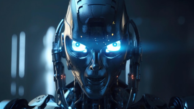 A robot with blue eyes and a blue light on his face