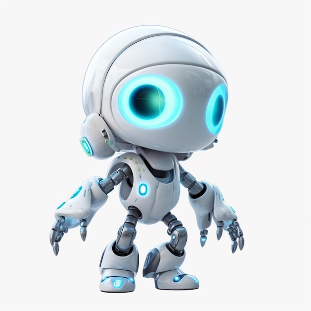 A robot with blue eyes and a blue light on its face is walking.