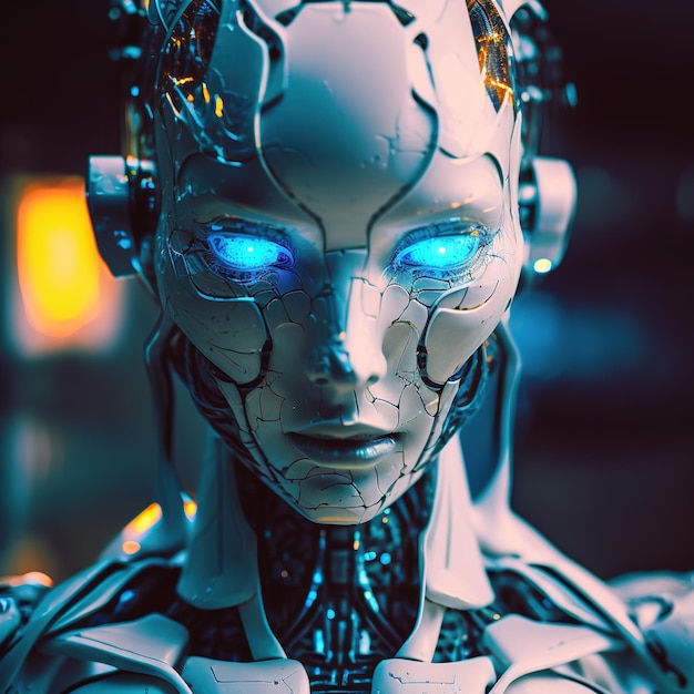 A robot with blue eyes and a glowing blue light Generative AI technology