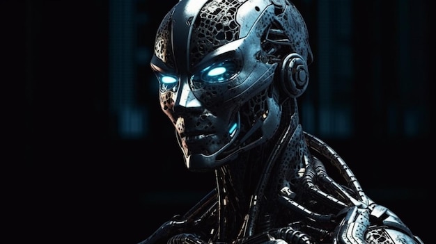 A robot with blue eyes and a glowing face