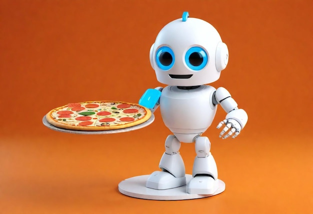 a robot with blue eyes holds a plate of pizza