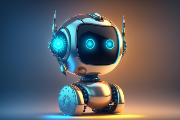 A robot with blue eyes is on a dark background.