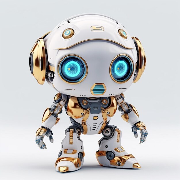 A robot with blue eyes is standing in front of a white background.