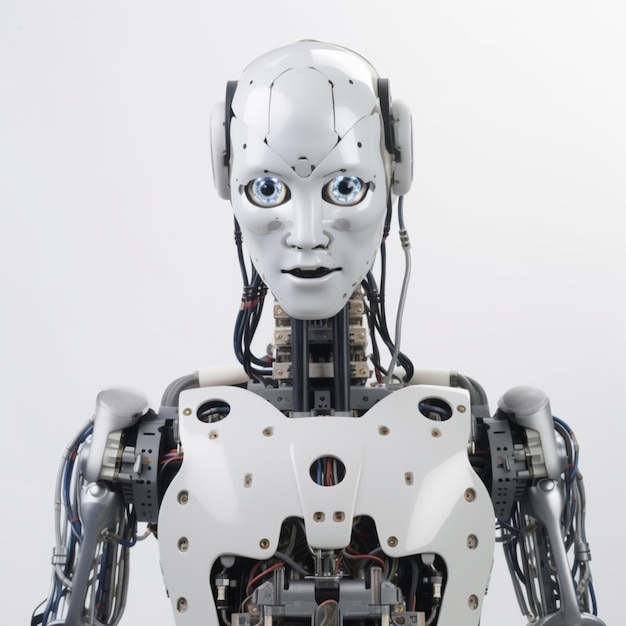 A robot with a blue eyes is standing in front of a white background.