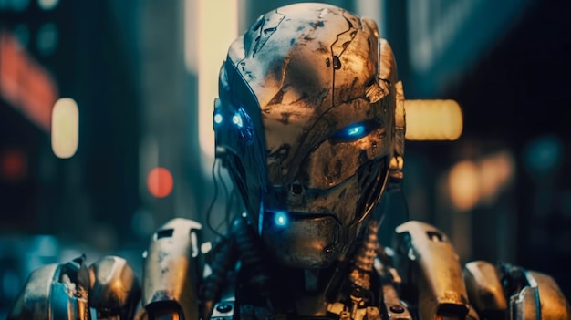 A robot with blue eyes and a sign that says'iron man '