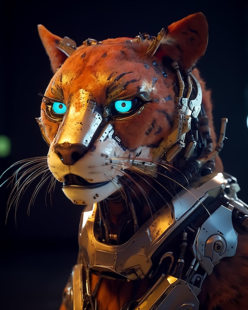 A robot with a blue eyes and a silver helmet with a tiger on it