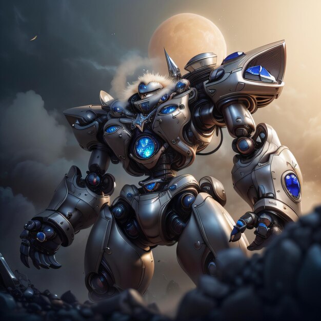 a robot with blue eyes standing in front of a full moon and clouds with a full moon in the backgroun