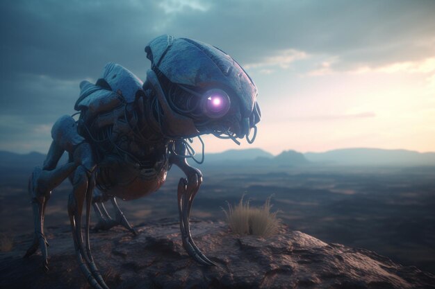 A robot with blue eyes stands in a field with a sunset in the background