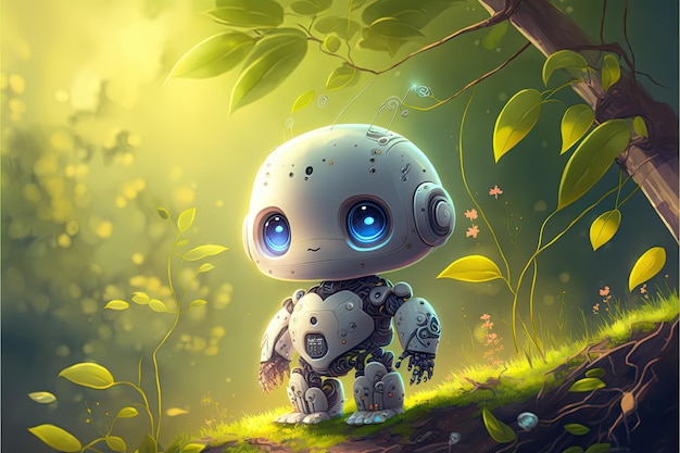 A robot with blue eyes stands in a forest.