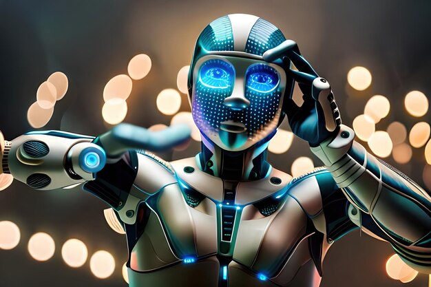 A robot with blue eyes stands in front of a blurred background with lights.