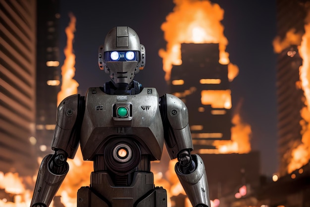 A robot with blue eyes stands in front of a burning building.