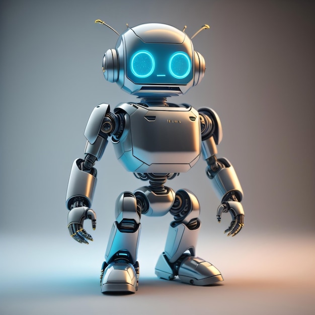 A robot with blue eyes stands in front of a grey background.