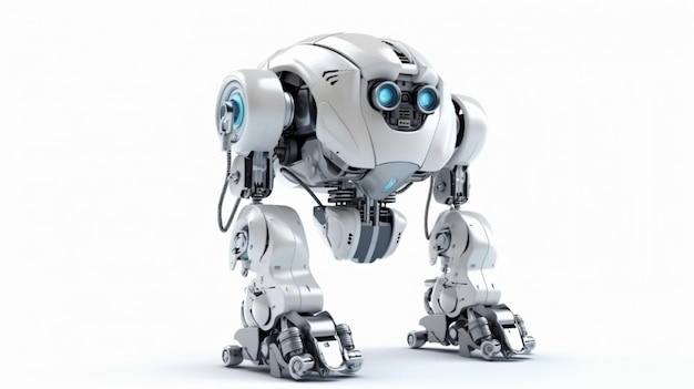A robot with a blue eyes stands on a white background.