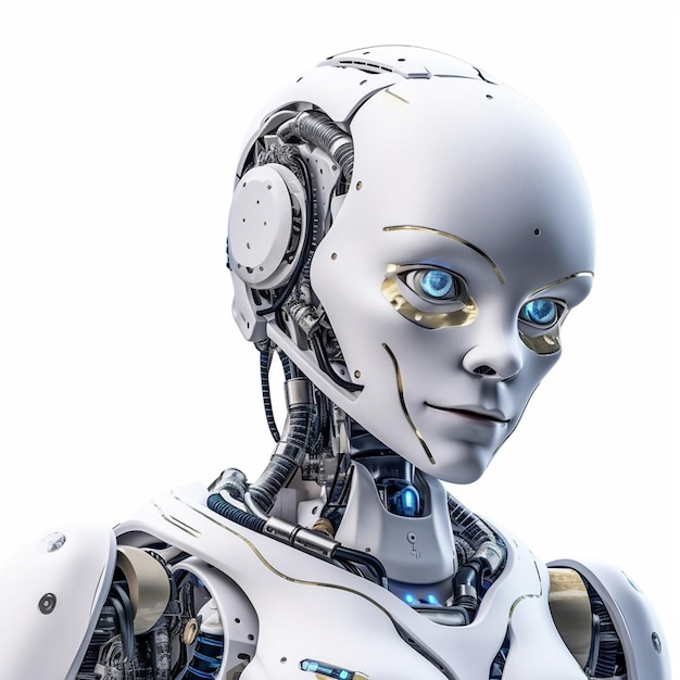 파란 눈과 흰색 배경을 가진 로봇.
