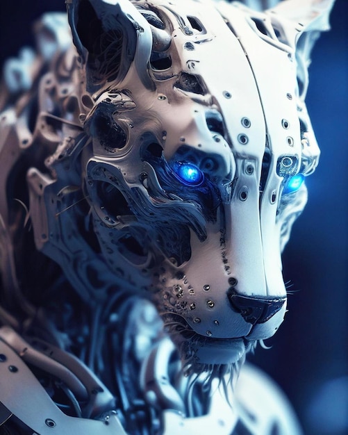 Robot with blue eyes and a white tiger head