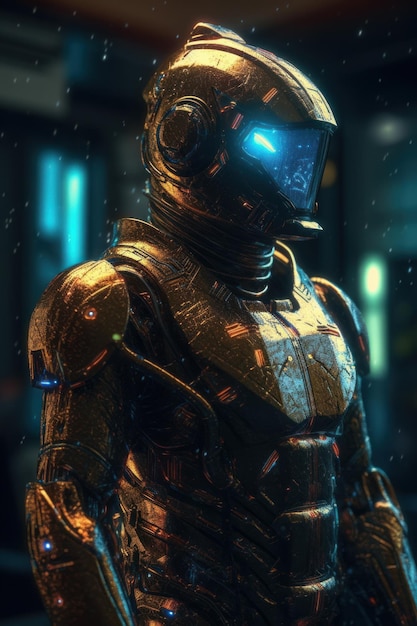 Робот с голубым лицом и шлемом со словом "робот".