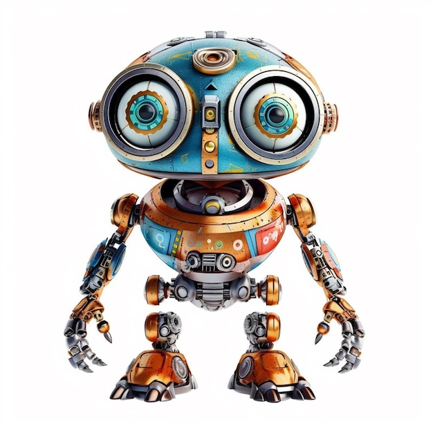 A robot with a blue face and orange arms is standing in front of a white background.