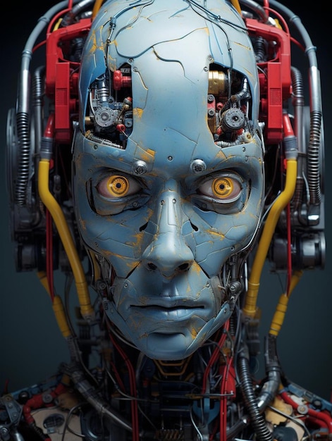 a robot with a blue face and red eyes.